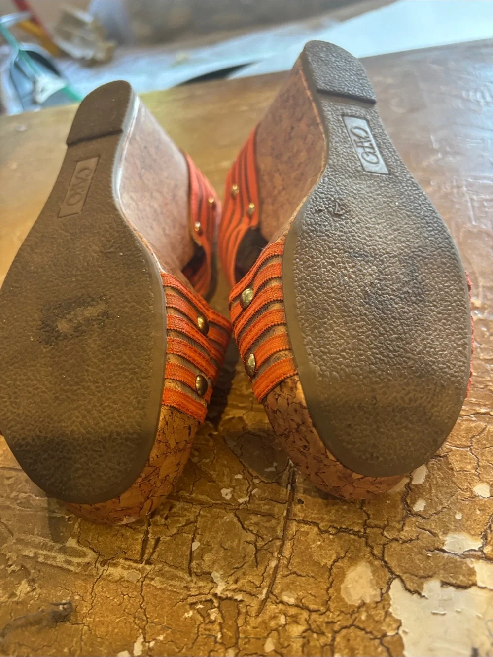 Cato Orange and clear Striped Cork Wedge Sandals